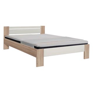 Lit + sommier +matelas + surmatelas 140x200 cm BOLGA imitation chêne et blanc