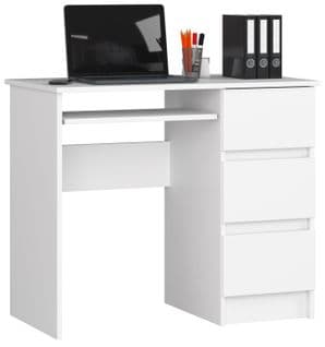 Bureau D'ordinateur Droit A6 Blanc 90 Cm 3 Tiroirs Façade Blanche 1 Étagère 90x50x77 Cm