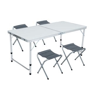 Table De Camping Blanche Avec 4 Chaises Pliantes Grises, Dimensions : L120 X P60 X H70 Cm