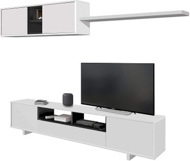 Meuble TV Avec 3 Portes Et 1 Niche De Rangement Coloris Blanc Brillant / Gris Anthracite.