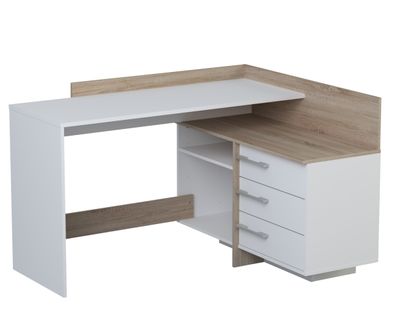 Bureau D’angle En Bois Coloris Chêne Brosse/blanc Mat - 128,5 X 83,2 X 105,7 Cm