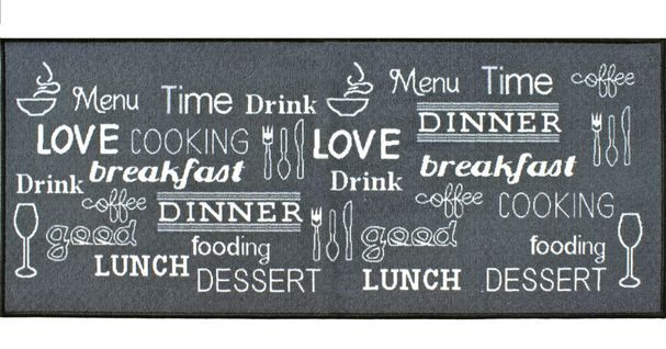 Tapis De Cuisine 100% Polyamide "breakfast Lunch" Coloris Gris - Dim : 50 X 120 Cm