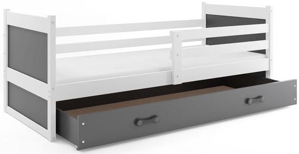 Lit Enfant Rico 190x80 Avec Matelas Sommier Et Tiroir En Blanc+gris