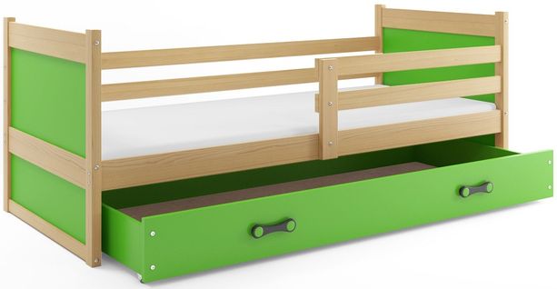 Lit Enfant Rico 190x80 Avec Matelas Sommier Et Tiroir En Pin Naturel+vert