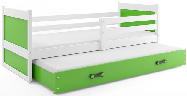 Lit Gigogne Rico 190x90 Avec 2 Matelas Sommiers Et Tiroir-lit En Blanc+vert