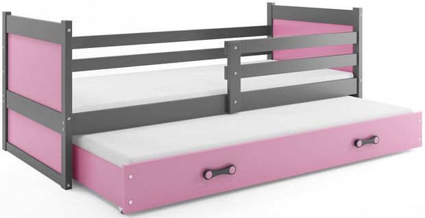 Lit Gigogne Rico 190x90 Avec 2 Matelas Sommiers Et Tiroir-lit En Gris+rose