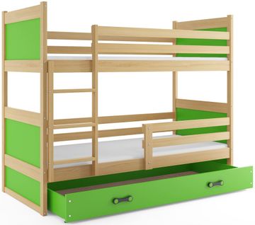 Lit Superposé Rico 160x80 Avec Matelas Sommiers Et Tiroir En Pin+vert