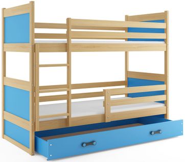 Lit Superposé Rico 190x90 Avec Matelas Sommiers Et Tiroir En Pin+bleu