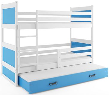 Lit Superposé Rico 3 Places 200x90 Avec 3 Matelas De Mousse 7cm Et Sommiers En Blanc+bleu