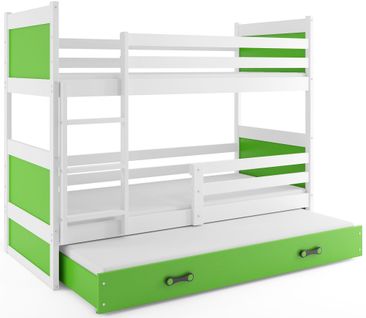 Lit Superposé Rico 3 Places 200x90 Avec 3 Matelas De Mousse 7cm Et Sommiers En Blanc+vert