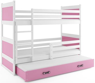 Lit Superposé Rico 3 Places 200x90 Avec 3 Matelas De Mousse 7cm Et Sommiers En Blanc+rose