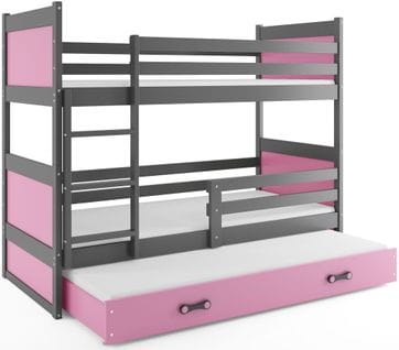 Lit Superposé Rico 3 Places 200x90 Avec 3 Matelas De Mousse 7cm Et Sommiers En Gris+rose