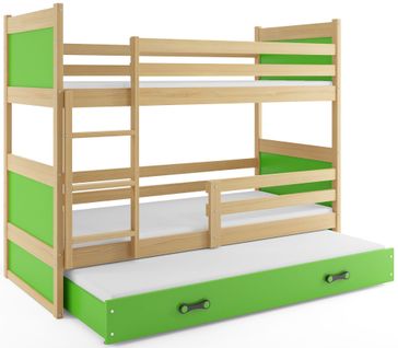 Lit Superposé Rico 3 Places 200x90 Avec 3 Matelas De Mousse 7cm Et Sommiers En Pin+vert