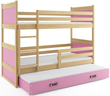 Lit Superposé Rico 3 Places 200x90 Avec 3 Matelas De Mousse 7cm Et Sommiers En Pin+rose