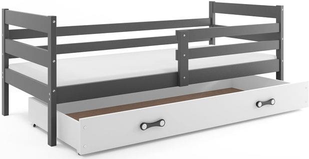 Lit Enfant Eryk 190x90 Avec Sommier, Matelas Et Tiroir En Gris+blanc