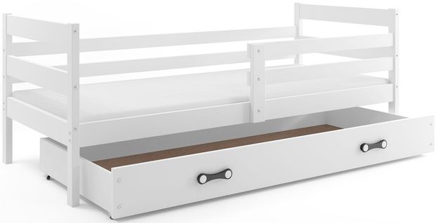 Lit Enfant Eryk 200x90 Avec Sommier, Matelas Et Tiroir En Blanc+blanc