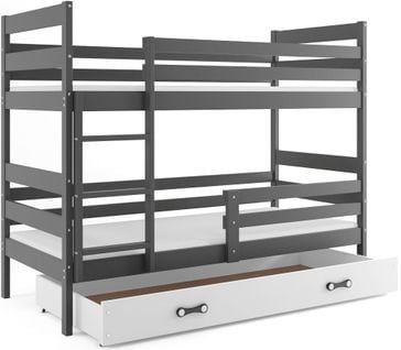 Lit Superposé Eryk 160x80 Avec Matelas Sommiers Et Tiroir En Gris+blanc