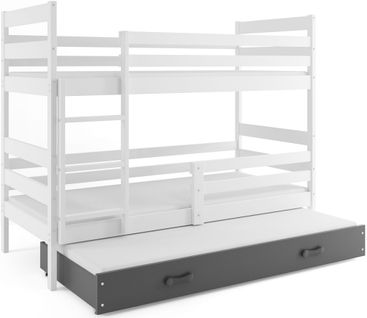 Lit Superposé Eryk 3 Places En 190x80 Avec Matelas Et Sommiers En Blanc+gris