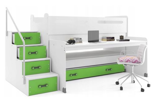 Lit Enfant Avec Bureau Max 1 Avec 3 Couchages 200x80, 190x80, 180x80 En Blanc+vert