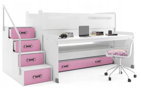 Lit Enfant Avec Bureau Max 1 Avec 3 Couchages 200x80, 190x80, 180x80 En Blanc+rose