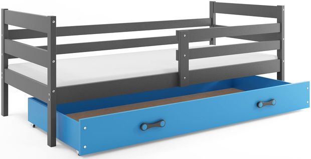 Lit Enfant Eryk 190x80 Avec Sommier, Matelas Et Tiroir En Gris+bleu