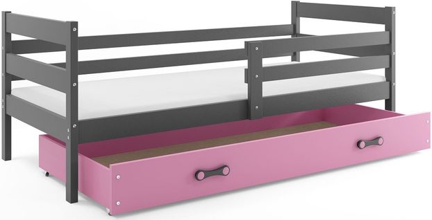 Lit Enfant Eryk 190x90 Avec Sommier, Matelas Et Tiroir En Gris+rose