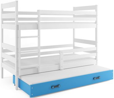 Lit Superposé Eryk 3 Places En 190x90 Avec Matelas Et Sommiers En Blanc+bleu