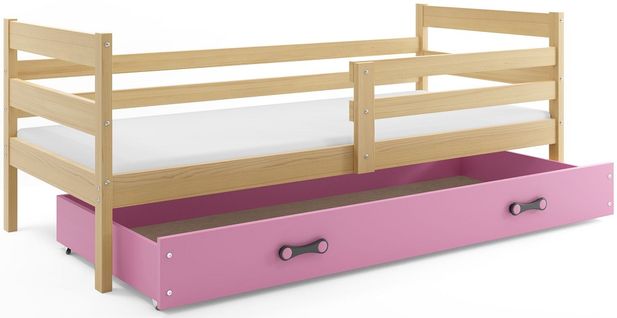 Lit Enfant Eryk 190x90 Avec Sommier, Matelas Et Tiroir En Pin+rose