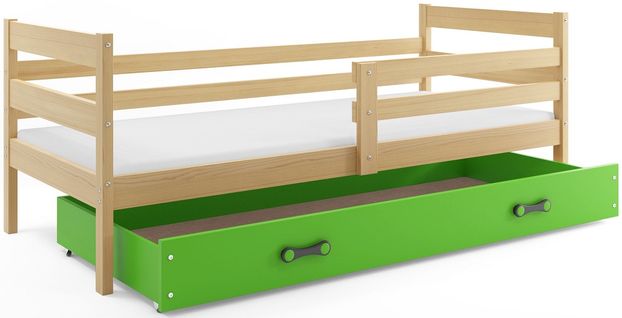 Lit Enfant Eryk 190x90 Avec Sommier, Matelas Et Tiroir En Pin+vert