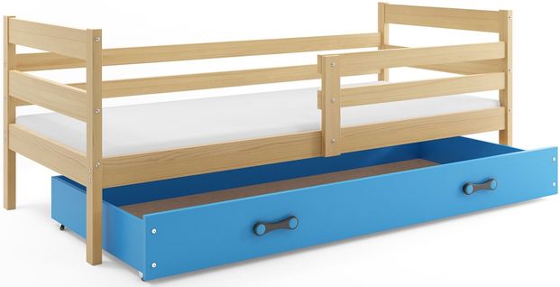 Lit Enfant Eryk 190x90 Avec Sommier, Matelas Et Tiroir En Pin+bleu