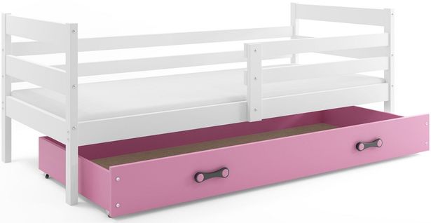 Lit Enfant Eryk 190x80 Avec Sommier, Matelas Et Tiroir En Blanc+rose