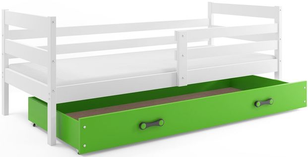 Lit Enfant Eryk 200x90 Avec Sommier, Matelas Et Tiroir En Blanc+vert