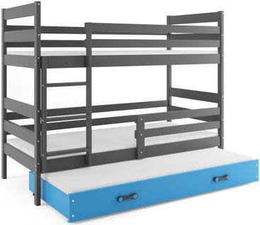 Lit Superposé Eryk 3 Places En 190x90 Avec Matelas Et Sommiers En Gris+bleu