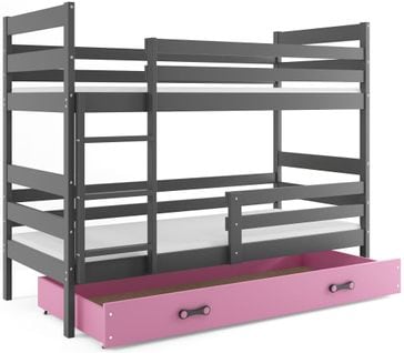 Lit Superposé Eryk 190x90 Avec Matelas Sommiers Et Tiroir En Gris+rose