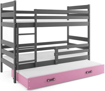 Lit Superposé Eryk 3 Places En 200x90 Avec Matelas Et Sommiers En Gris+rose