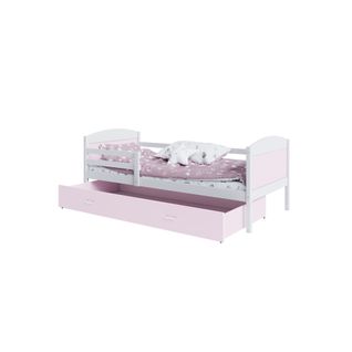 Lit Enfant Mateo 90x190 Blanc - Rose Livré Avec Sommiers, Tiroir Et Matelas En Mousse De 7cm