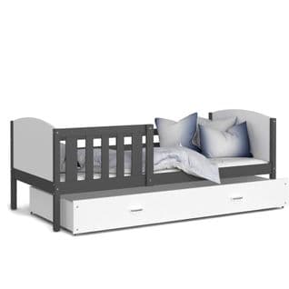 Lit Enfant Tomy 90x190 Gris - Blanc Livré Avec Sommiers, Tiroir Et Matelas En Mousse De 7cm