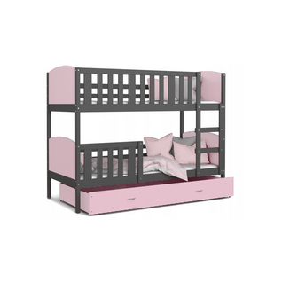 Lit Superposé Tomy 90x190 Gris - Rose Livré Avec Sommiers, Tiroir Et Matelas En Mousse De 7cm