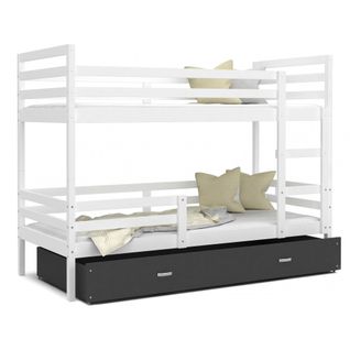 Lit Superposé Milo 90x190 Blanc - Gris Livré Avec Sommiers, Tiroir Et Matelas En Mousse De 7cm