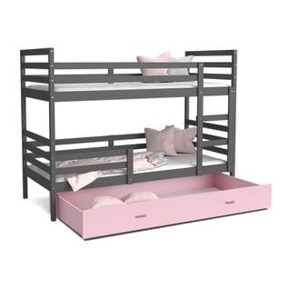 Lit Superposé Milo 90x190 Gris - Rose Livré Avec Sommiers, Tiroir Et Matelas En Mousse De 7cm