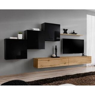 Meuble TV Mural Design "switch X" 330cm Noir et Naturel