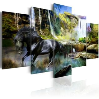 Tableau "cheval Noir Sur Fond De Cascade Paradis" 50 X 100 Cm