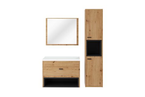 Ensemble De Salle De Bain Olaf Avec 1 Colonne Et 1 Miroir - Noir Et Bois