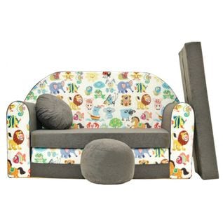 Nino Canapé Convertible Lit Pour Enfant Avec Pouf Et Coussin Oeko-tex       Animaux Gris