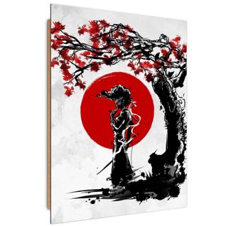 Tableau Bois Afro Samurai Sous Un Cerisier Japonais 70 X 100 Cm Rouge