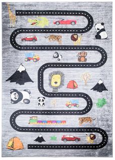 Tapis Enfant Bébé Noir Multicolore Route Animaux Fin 80x150 cm Emma