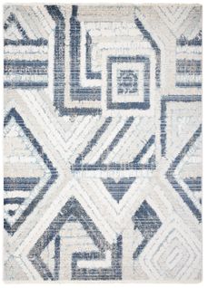 Tapis Salon Beige Bleu Marine Crème Gris Géométrique Franges Fin 200x305cm