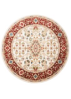 Tapis Rond Classique Crème Rouge Vert Bleu Beige Motif Ornamental Fin 100x100 cm