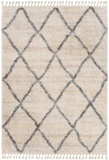 Tapis Shaggy Poils Longs Crème Gris Losanges Moelleux Franges Tresses 140 X 200 Cm