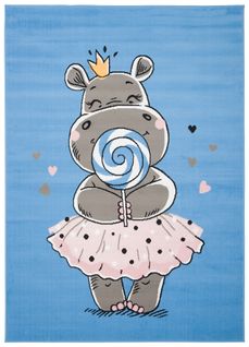 Tapis Enfant Bébé Bleu Gris Rose Hippopotame 200 X 300 Cm Jolly